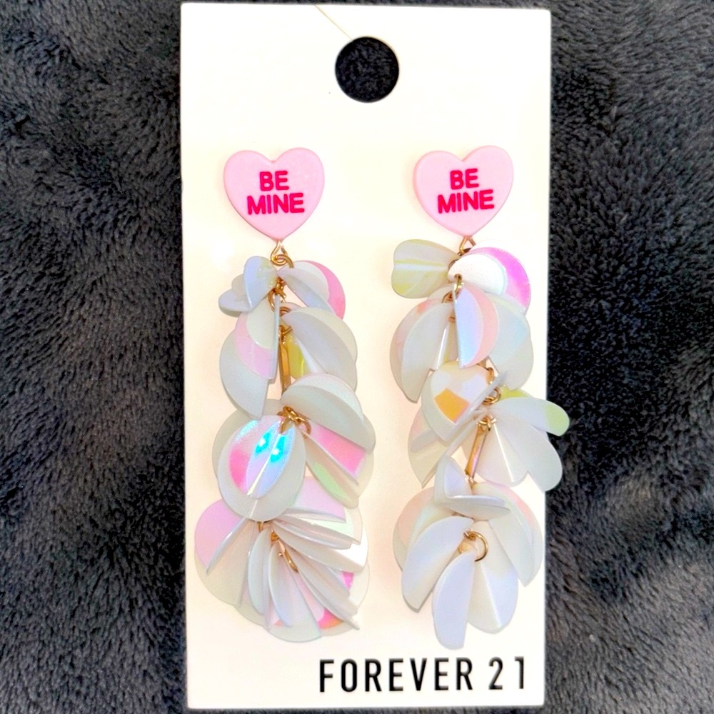 Forever 21 Valentine’s Day Candy Hearts Be Mine Iridescent Dangle Earrings NWT